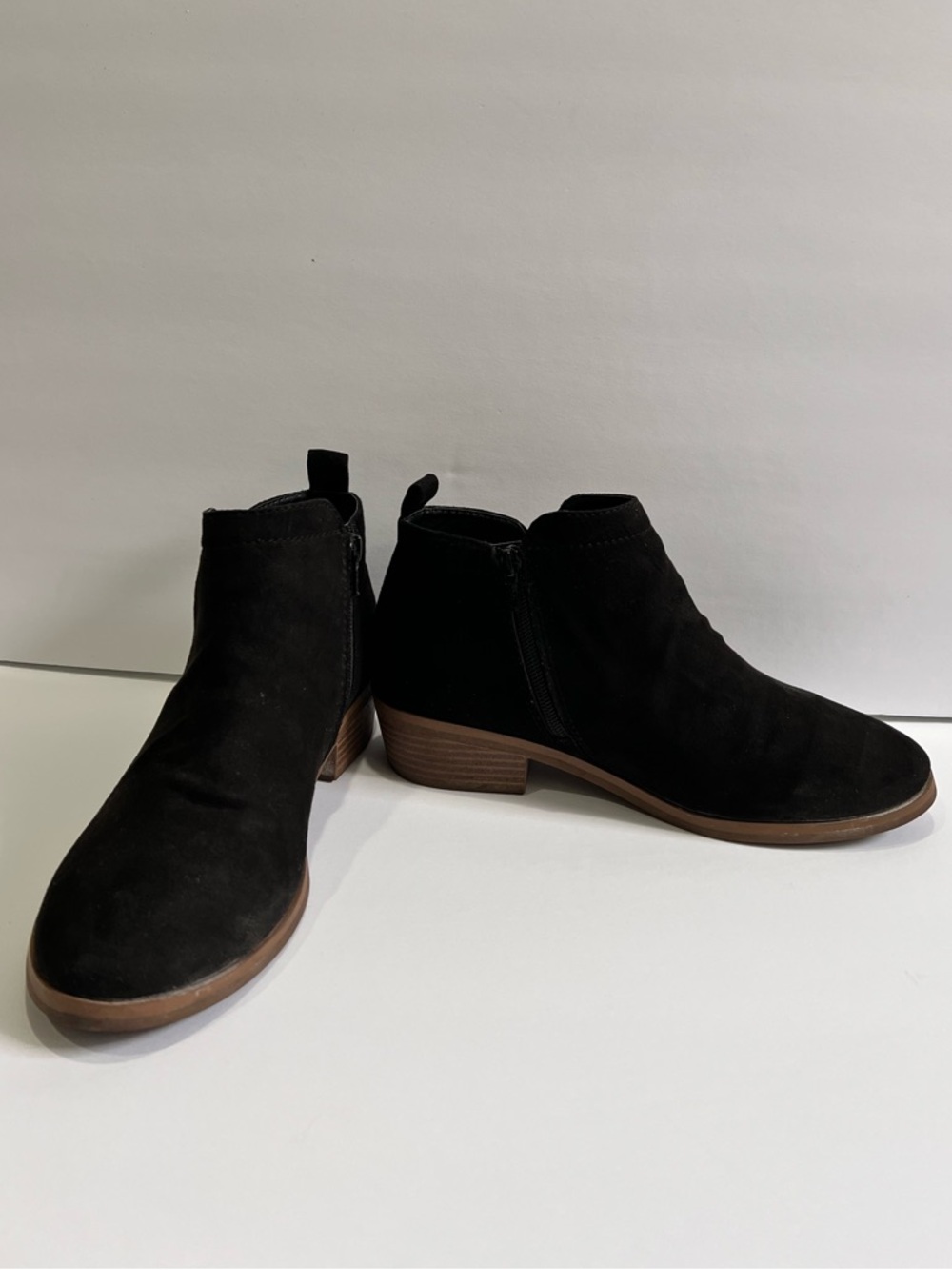 Time and Tru Black Suede Ankle Booties with Low Stacked Heel